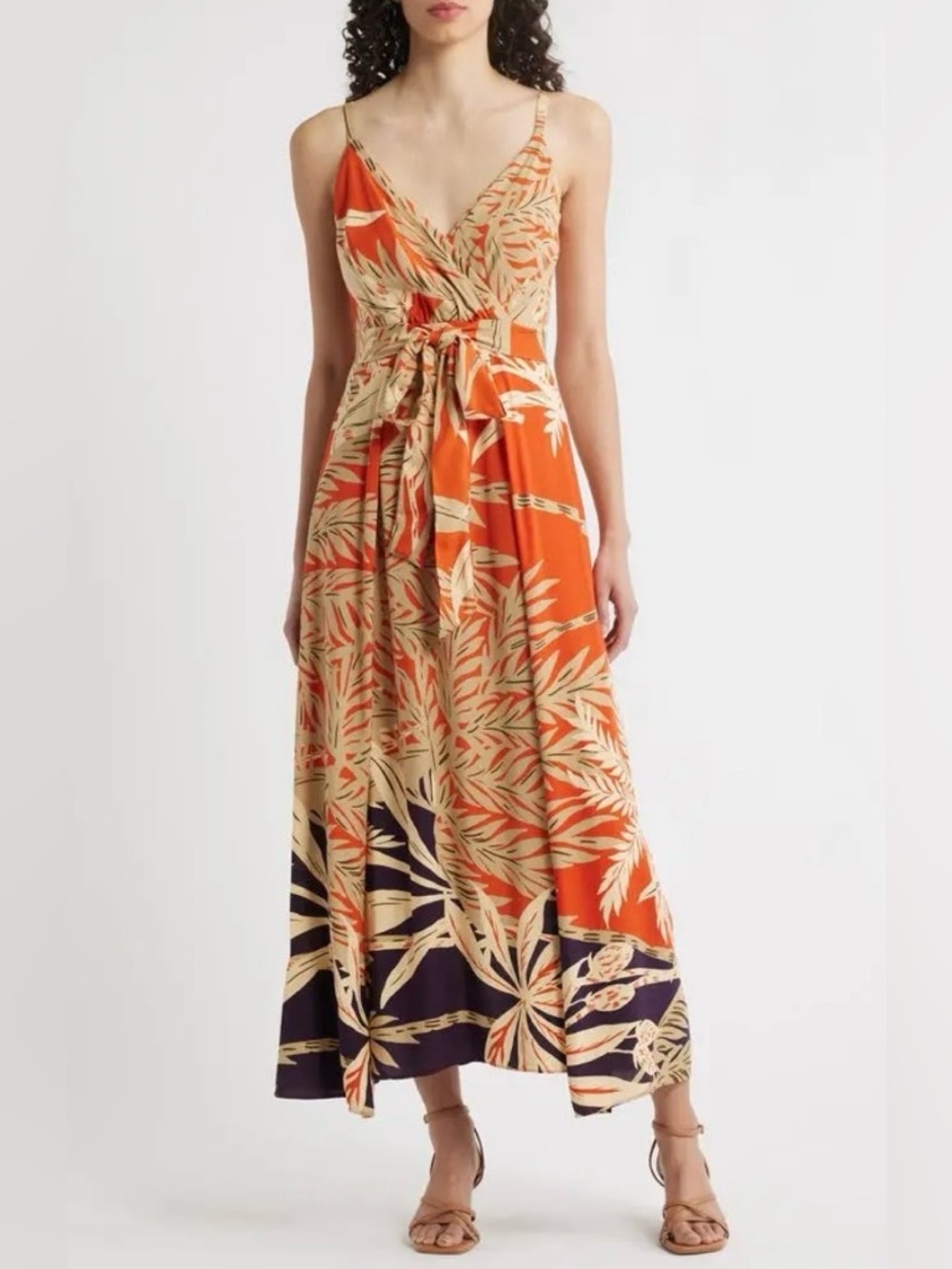 Halogen Palm Print Maxi Dress Belted Orange Tan V-Neck Adjustable Straps Size S